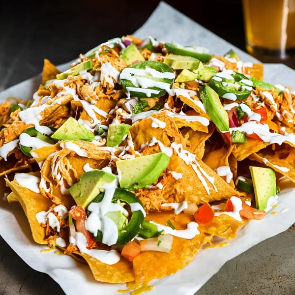 Born And Raised Centennial's chicken nachos with avocado, jalapeños, and sour cream.